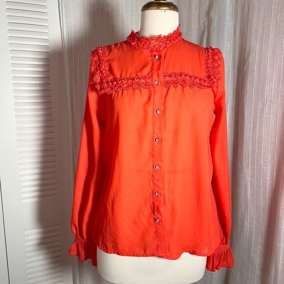 The Moon | Women’s | Blouse | L | Rich Coral Pearl Lace Button Down Top - Picture 1 of 5